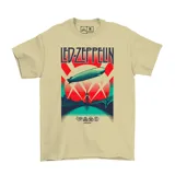 Remera de algodón color beige con estampa frontal inspirada en la banda Led Zeppelin, presentando un dirigible sobre un paisaje urbano con estilo retro.