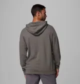 Buzo con capucha Columbia, color gris jaspeado, con bolsillo tipo canguro frontal y parche cuadrado con logo de la marca en el pecho.