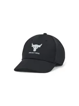 Gorra Under Armour modelo Project Rock, color negro con diseño estructurado y visera precurvada. Presenta el logo de la colección bordado en el frente en color blanco.