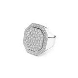 Anillo de cóctel de la familia Dextera, color plateado con forma octogonal, adornado con pavé de cristales blancos.