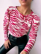 Remera de manga larga con cuello redondo y estampado de cebra en colores verde, rojo, azul y marrón.