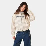 Campera con capucha y cierre frontal completo, de corte oversize. Presenta un diseño a rayas horizontales en tonos arena y blanco, con el logo de la marca estampado en el pecho.