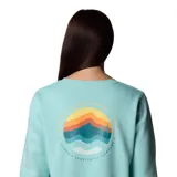 Buzo de cuello redondo Columbia, color turquesa claro, con diseño de logo gráfico pequeño en el pecho.