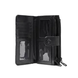 Billetera rectangular de cuero sintético con textura granulada, color negro. Cuenta con cierre superior, solapa frontal con broche a presión decorado con una flor metálica y logo de la marca grabado en el centro.