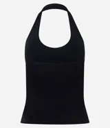 Blusa negra de punto roma, con diseño de cuello halter y espalda descubierta.