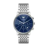 Reloj cronógrafo Emporio Armani con caja de acero inoxidable plateado y esfera azul con acabado sunray. Presenta subesferas, fechador y malla de acero inoxidable de eslabones finos.
