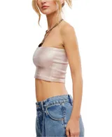 Top bandeau ajustado de tejido acanalado con acabado brillante, sin tirantes.