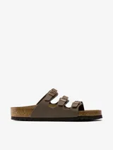 Sandalias Birkenstock modelo Florida de tres correas ajustables con hebillas metálicas. Presentan una plantilla anatómica de corcho y látex con capa de espuma adicional para mayor confort, y suela de EVA. El material superior es Birko-Flor con acabado efecto nubuc.