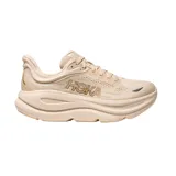 Championes de running Hoka Bondi 9 en color beige, con diseño de suela gruesa amortiguada y capellada de malla transpirable. Cuenta con el logotipo de la marca bordado en el lateral.