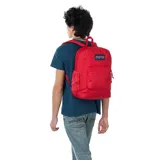 Mochila JanSport roja de poliéster con un compartimento principal, bolsillo frontal con cierre, bolsillo lateral para botella de agua y sobre interno acolchado para laptop de 15 pulgadas.