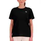 Remera deportiva New Balance de manga corta, color negro, con cuello redondo y logo de la marca estampado en el pecho.
