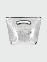 Bolso de hombro mediano Philipp Plein plateado con textura de piel de cocodrilo, asa superior y logo metálico en el centro. Cierre superior con cremallera.