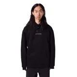 Canguro negro con capucha y bolsillo delantero tipo canguro. Estampado pequeño con el texto "former merchandise" en el pecho.