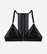 Soutien tipo bralette de tul negro con diseño triangular, sin aros ni relleno, con detalles decorativos en zigzag en los bordes y breteles ajustables.