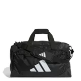 Bolso deportivo Adidas modelo Tra Def Duf S, color negro con el logo de la marca en blanco. Cuenta con asas de mano, correa ajustable para el hombro y múltiples bolsillos con cierre.