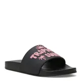 Sandalias tipo slide negras con estampado de texto "TROPIC SUN" en color rosa.