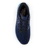 Championes de running New Balance Fresh Foam EVOZ, con capellada de tejido técnico a rayas horizontales en azul y negro, logo "N" en los laterales y entresuela Fresh Foam en blanco y celeste.