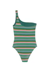 Bañador enterizo asimétrico con diseño de rayas horizontales en tonos verdes y rosas sobre tejido de lurex brillante. Cuenta con un solo tirante fino y forro interior.
