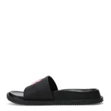 Sandalias de baño negras tipo slide, con tira ancha y la inscripción en relieve 'GOOD VIBES' en color rosado. Suela con textura antideslizante.
