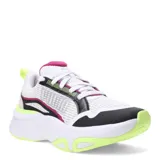 Championes de running Puma modelo Softride Divine, con diseño multicolor que combina blanco, negro, fucsia y verde neón. Presentan una estructura de malla transpirable con refuerzos sintéticos, entresuela gruesa con tecnología SOFTRIDE para amortiguación y suela de caucho con tracción zonal.
