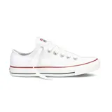 Championes Converse Chuck Taylor All Star blancos de lona, con suela de goma blanca con detalles en rojo y azul.