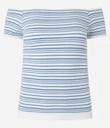 Blusa de poliamida seamless con escote recto hombro a hombro, mangas cortas y patrón de rayas horizontales en blanco y negro.