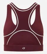 Top deportivo Get Over confeccionado en microfibra bordó, con diseño estilo nadador, breteles anchos y ribetes contrastantes en tono crudo en el escote, sisas y bajo busto.
