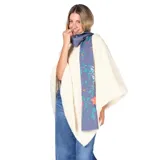 Pashmina de tela suave en color azul con estampado floral en tonos naranjas, verdes y celestes.