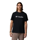 Remera negra de manga corta con cuello redondo y el logo de la marca Columbia estampado en blanco en el pecho.