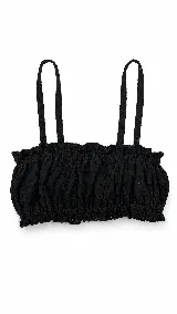 Top bustier negro de tela broderí, con diseño fruncido elástico en el cuerpo y tirantes dobles finos.