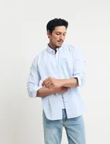 Camisa celeste a rayas verticales, de corte clásico, con cuello button-down y manga larga.