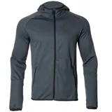 Campera deportiva con cierre frontal completo, capucha integrada y bolsillos laterales con cierre. Confeccionada en tejido fleece técnico de color gris oscuro melange.