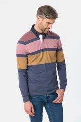 Remera polo de manga larga a rayas horizontales en colores rosa, marrón y azul, con cuello clásico azul marino y tapeta con botones.