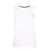 Musculosa deportiva Adidas, color blanco, con cuello redondo y sisas amplias. Presenta el logo de Adidas en color gris reflectante en el pecho y cinta con la palabra "Running" repetida en el borde del cuello.