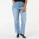 Jean de corte bootcut con cintura alta y cierre frontal con botón y cremallera. Presenta un diseño de cinco bolsillos y un acabado deshilachado en el bajo.