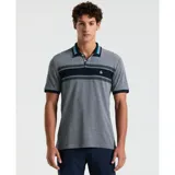 Polo gris jaspeado de piqué Birdseye con detalle de rayas horizontales en el pecho en azul marino y blanco. Cuello con tapeta de botones y logo bordado en el pecho.