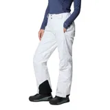 Pantalón de nieve Columbia Bugaboo II Omni-Heat para mujer, de color blanco con detalles negros en los dobladillos inferiores, diseñado con tecnología impermeable y transpirable para deportes de invierno.