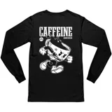 Remera de manga larga color negro con estampa gráfica en blanco en la espalda que representa una taza de café con estilo caricaturesco y el texto Caffeine.