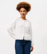 Cardigan de punto liviano color blanco, con cierre frontal de botones, mangas largas con hombros caídos y detalle de encaje en el ruedo.