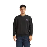 Buzo de cuello redondo Quiksilver, color negro, con pequeño logo estampado en el pecho en tonos azul y rosa.