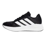 Championes deportivos Adidas Galaxy Star 2.0 para hombre, de color negro con las tres tiras características en blanco en los laterales, entresuela blanca amortiguada y suela negra.