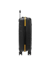 Valija de cabina rígida Caterpillar Venture Trolley de 20 pulgadas, color negro con detalles en amarillo, cuatro ruedas dobles multidireccionales y tirador telescópico.