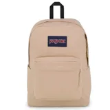 Mochila Jansport Superbreak Plus color beige con logo de la marca en azul y rojo.