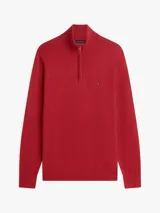 Sweater de punto Tommy Hilfiger color rojo, con cuello perkins, cierre frontal parcial de un cuarto y manga larga. Cuenta con ribetes de canalé en cuello, puños y dobladillo, y logo bordado en el pecho.