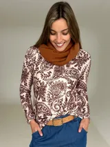 Sweater de lanilla con cashmere, de manga larga y cuello redondo, con estampado paisley en tonos marrones y crudo.