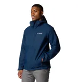 Campera impermeable Columbia modelo Hikebound II, color azul marino, con capucha ajustable, cierre frontal completo y bolsillo con cierre en el pecho. Diseño técnico con logo de la marca estampado.