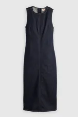 Vestido midi de denim azul oscuro, sin mangas, con cuello redondo y costuras pespunteadas a contratono al frente.