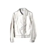 Campera de cuero sintético metalizado en color plateado, con cuello clásico, cierre frontal completo y bolsillos laterales.