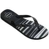 Ojotas Havaianas Top Basic con base a rayas horizontales en blanco, gris y negro, y tiras negras.