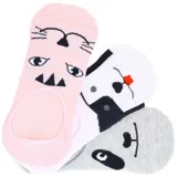 Pack de tres pares de medias invisibles de algodón con diseños de animales: gato rosa, perro blanco y negro, y oso panda gris.